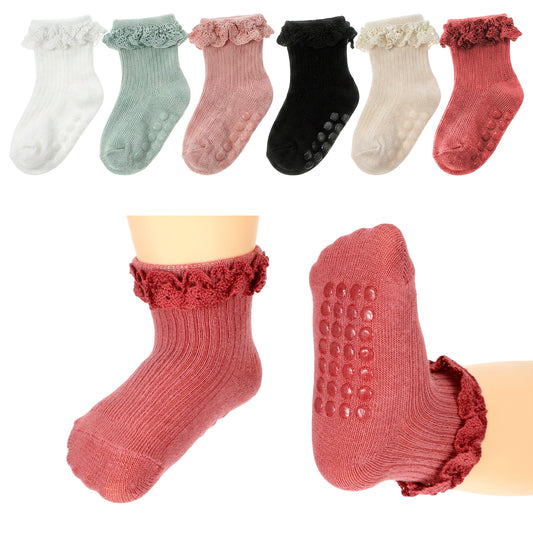 HJZHII 6 Pairs Baby Girl Ruffle Socks Non Slip Grips, Cute Frilly Ruffle Ankle Socks Soft Breathable Cotton Infant Ruffles Lace Sock Non-slip for Newborn Toddlers Girls