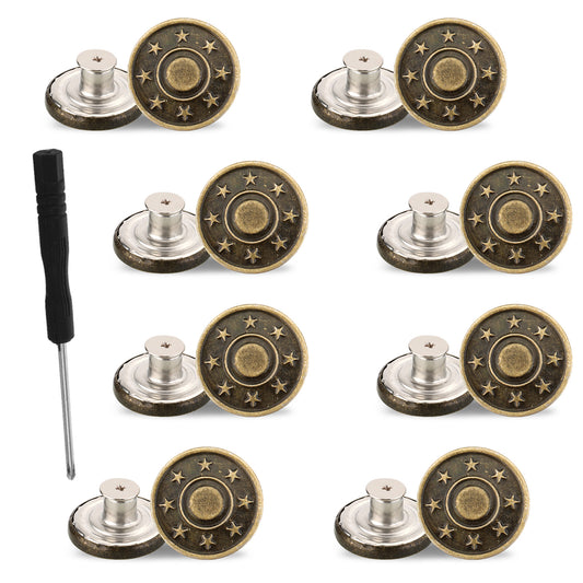 Molain 8 Pcs Jean Button Replacement Kit, 17mm No-Sew Metal Buttons for Clothes, Adjustable Pants Button Tightener with Screwdriver(20mm)