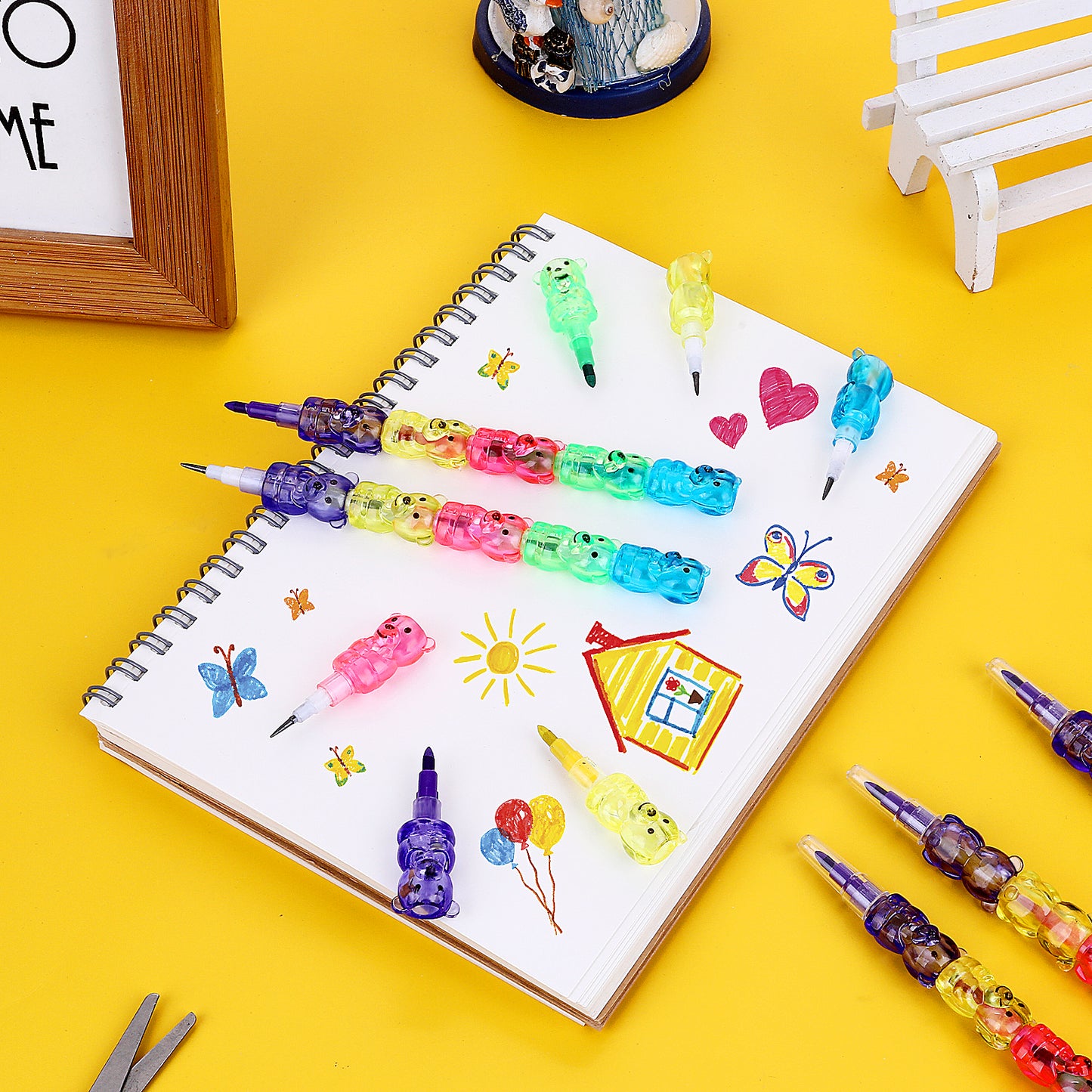cobee Stackable Pencils Crayons Set, 10 Pieces Fun Bear Pencils for Kids Bear Shaped Stacking Pencil 5 in 1 Colorful Plastic Bear Pencils for School Office Kids Teacher Party Favor Supplies
