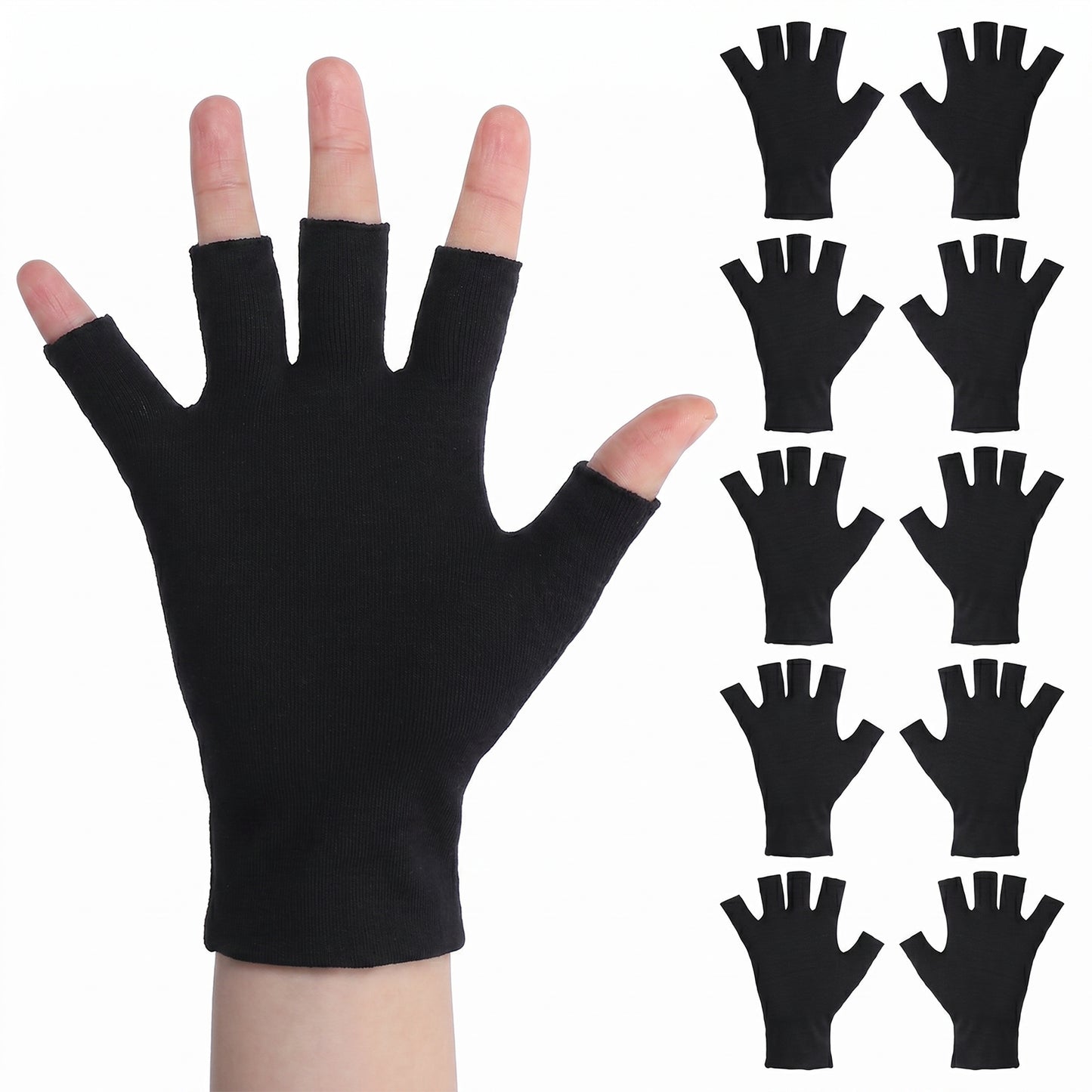 XLIUAX 5 Pairs Cotton Gloves for Women, Fingerless Cotton Gloves Thin Open Fingertips Overnight Hydration Fits Most Dry Hands Moisturizing Fingerless Glove Sleeping Protection(Black)