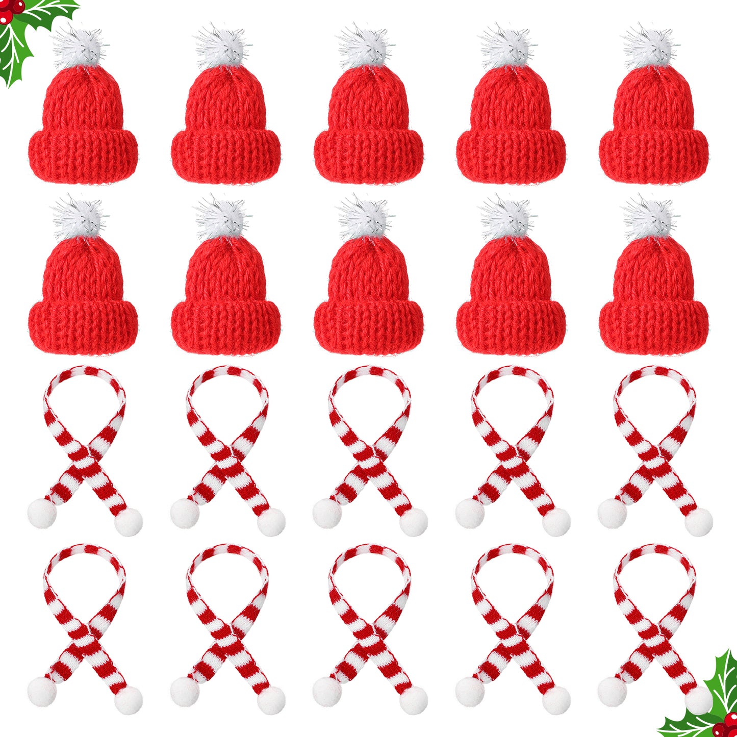YUXMU 20Pcs Mini Christmas Hats for Crafts, Mini Knit Scarf Set, Santa & Snowman Hats for Christmas Tree Decorations DIY Ornaments