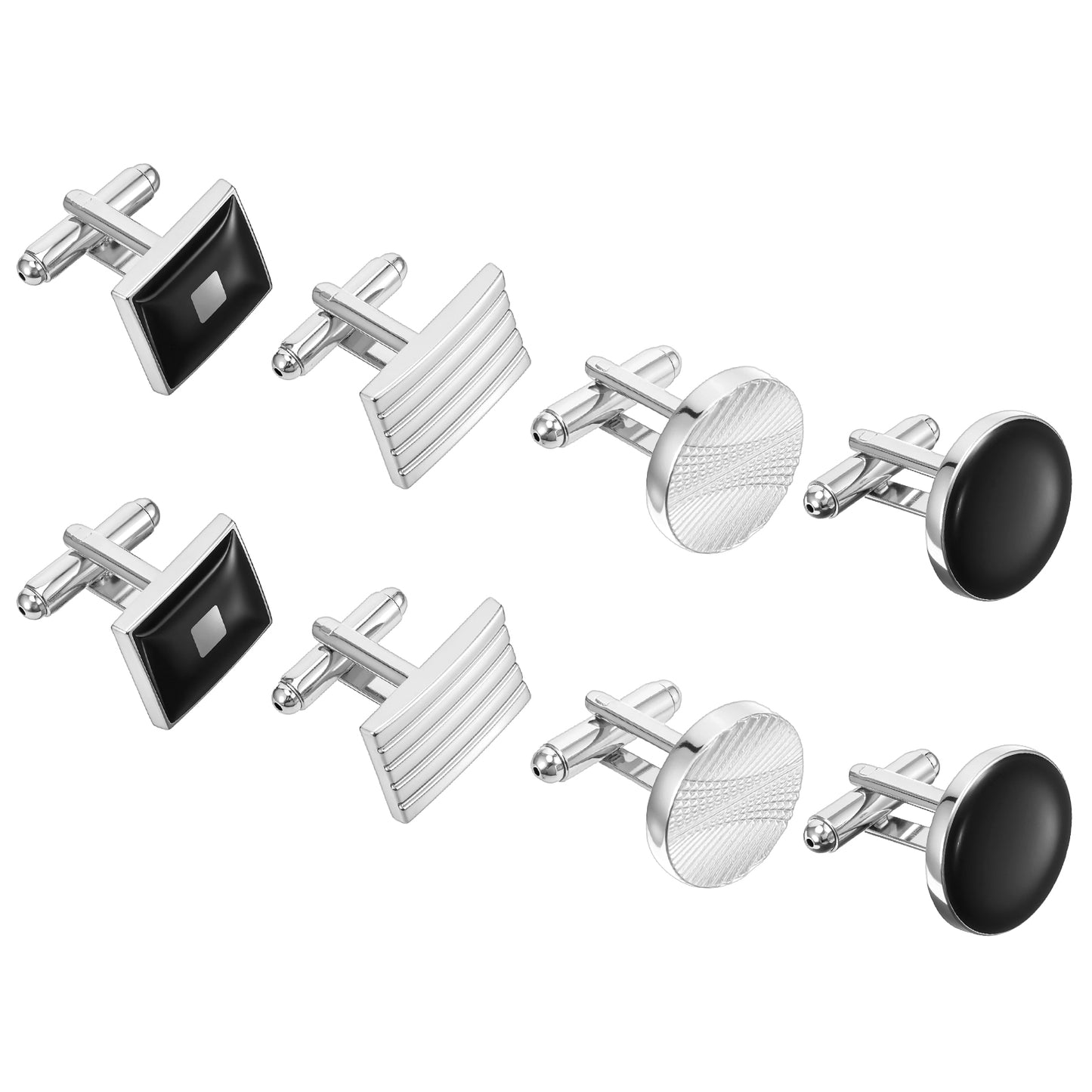 WJIAAA Men's Classic Cufflinks Cuff Links, 8 Pcs Silver Black Striped Cufflinks Disc Square Rectangle Cuff Links Shirt for Wedding Groom Business Elegant Gift(Sliver)