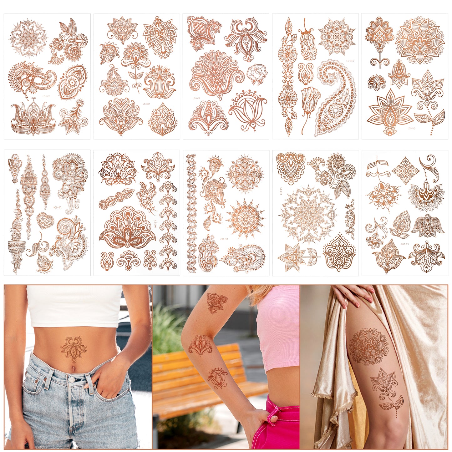 HJZHII Flower Fake Temporary Tattoos Stickers for Women, Waterproof Indian Lace Mandala Flower Pattern Glitter Art Sticker for Arm Body Hands Makeup Wedding Festival Party, 10 Pack(Rose Gold)