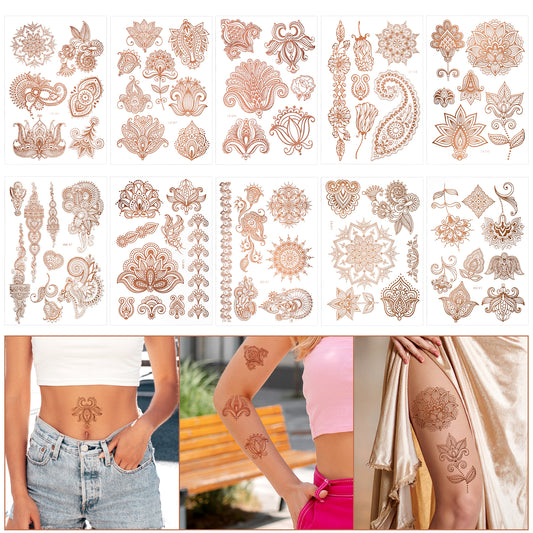 HJZHII Flower Fake Temporary Tattoos Stickers for Women, Waterproof Indian Lace Mandala Flower Pattern Glitter Art Sticker for Arm Body Hands Makeup Wedding Festival Party, 10 Pack(Rose Gold)