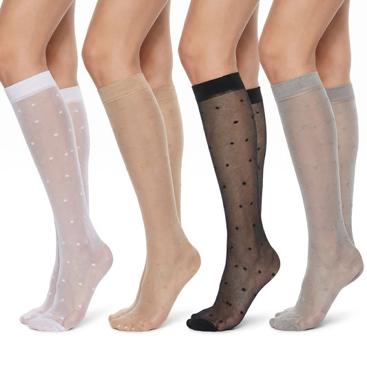 HJZHII 4Pairs Women's Dot Knee High Stockings, Dot Sheer Thin Socks Pattern Knee High Stockings Breathable Knees Socks for Women Summer 4 Colors