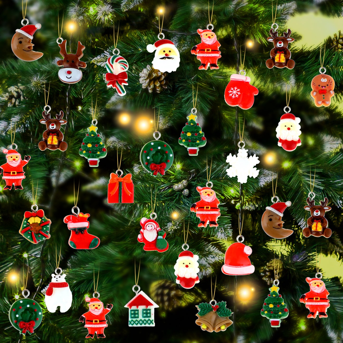TIESOME 30 Pcs Mini Christmas Tree Ornaments, Miniatures Xmas Resin Hanging Decorations Small Santa Claus Snowman Figurines Pendant Charm for DIY Craft Xmas Decor