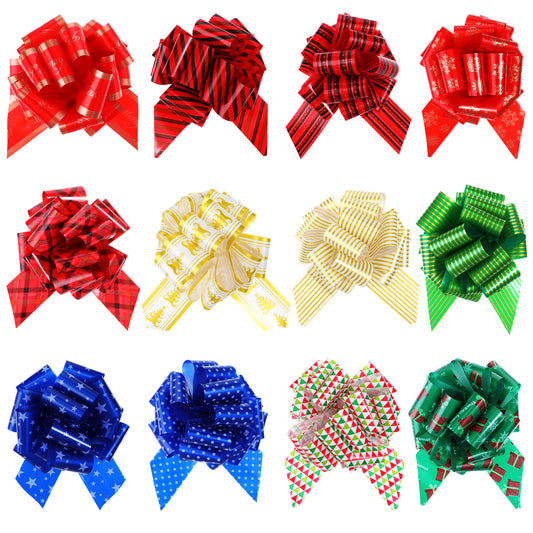 JIEYAO Christmas Bows for Gift Wrapping, 12 Pcs 5” Xmas Wrap Pull Bows, Santa Present Ribbon Wrap Accessory Gift Bag Box Wrapping Decor Wide Wrap Bows for Christmas Wedding Holiday Supplies