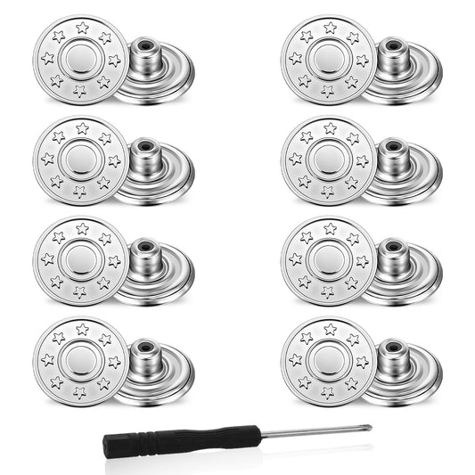 Amaxiu Jeans Buttons Replacement, 8 PCS Instant No Sew Buttons for Pants Removable Metal Silver Pant Button Tightener Adjustable Button Replacement Kit with Threads Rivets and Screwdriver (20mm)