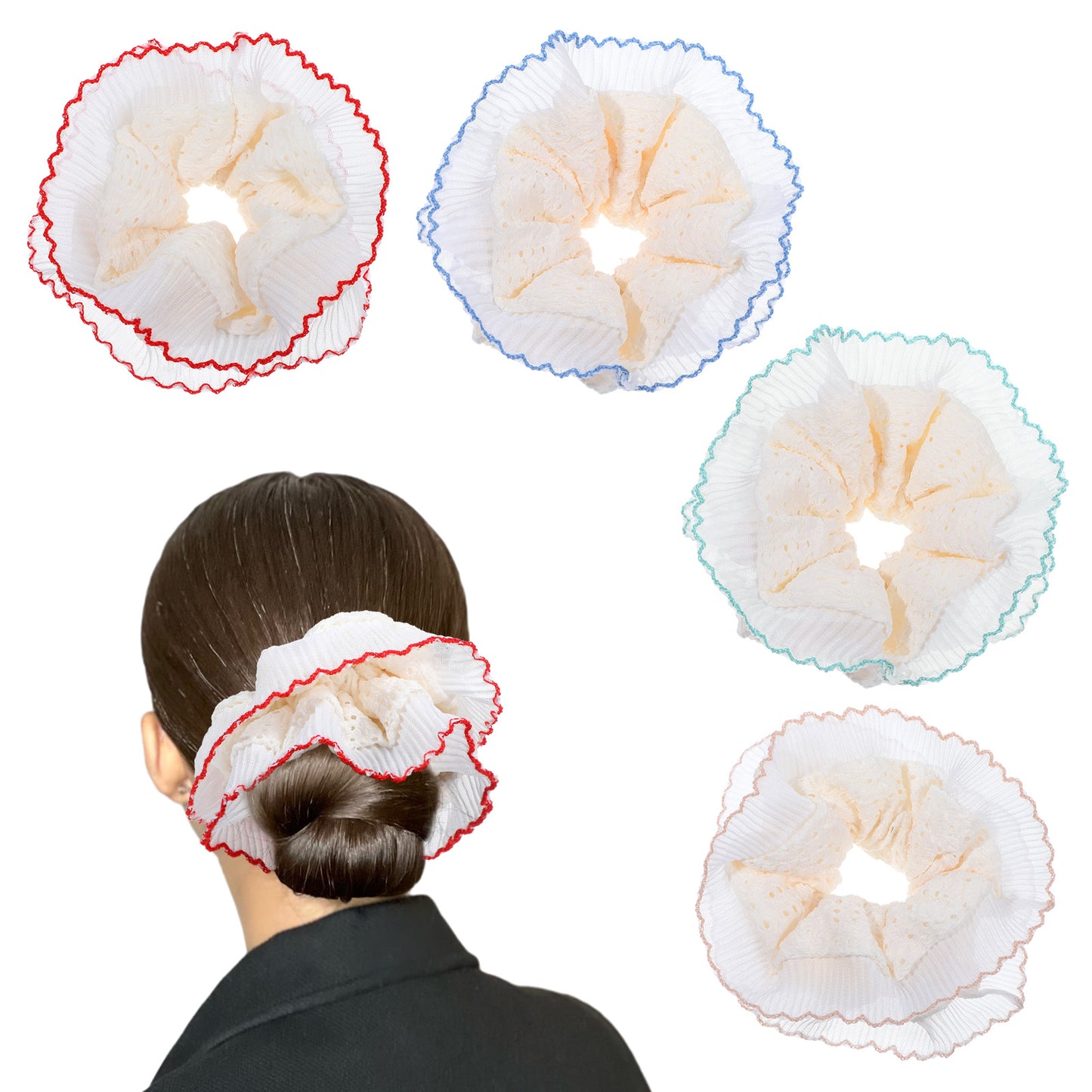YUXMU 4 Pcs Puffy Layered Lace Scrunchies for Women Girls, Oversized Scrunchy Hair Ties Double-Layer Ruffle Design Scrunchies Elastic Ponytail Holders for Thick Curly Hair