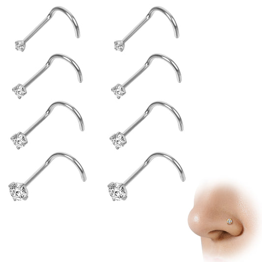 MBAIYO 8Pcs Nose Piercing Studs, Stainless Steel Nose Screw 20G Corkscrew L-Shaped Jewelry with 1.5-3mm White Zirconia Silver Nose Rings for Women (Silver)