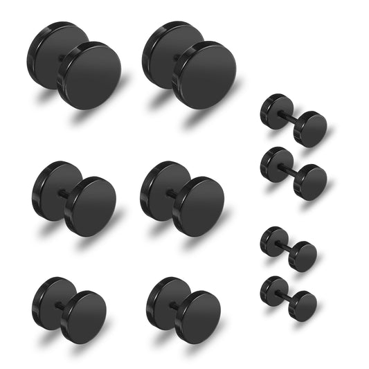 Giantree 6 Pairs of Black Stud Earrings for Men and Women, Faux Gauges Earrings, Hypoallergenic Earrings, 4-10mm Ear Tunnel Stainless Steel Dot Earrings for men and Women (Black)