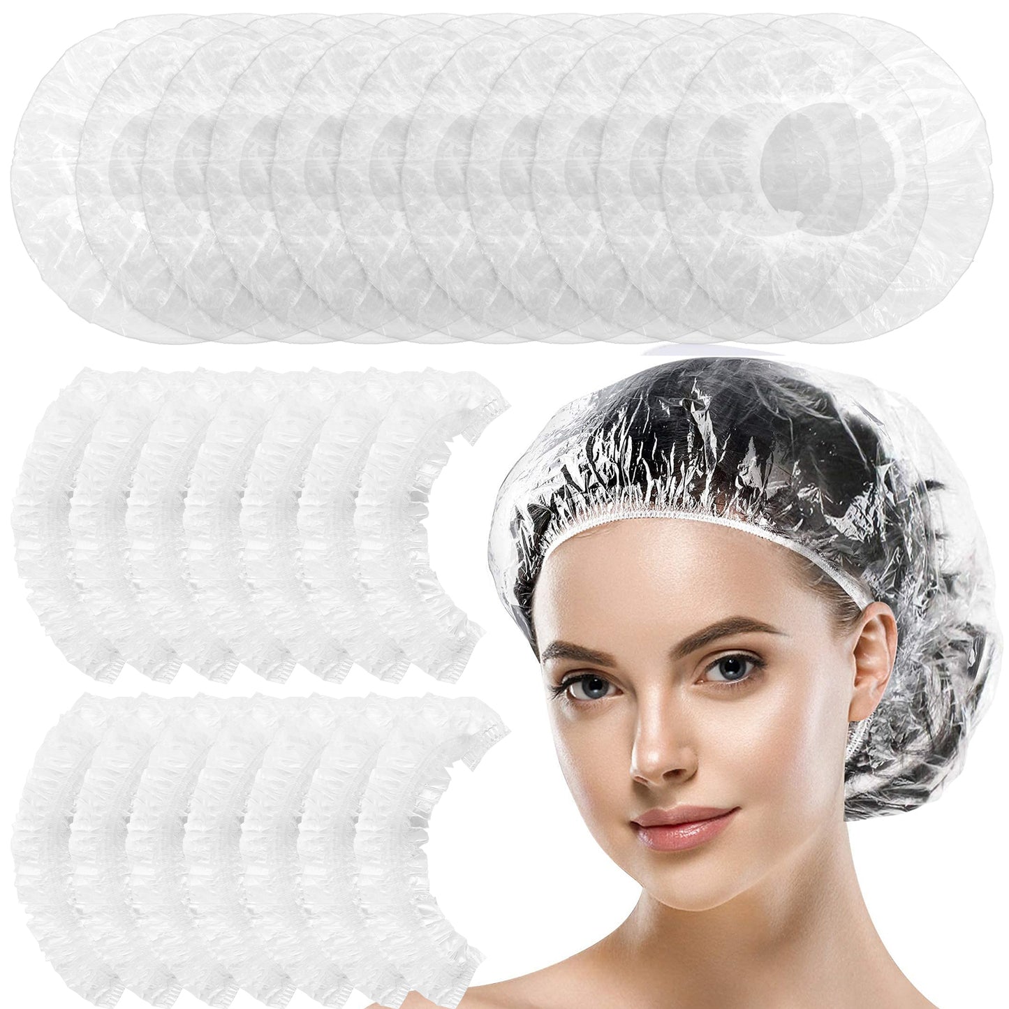 Giantree 100 Pcs Disposable Shower Caps, Waterproof Shower Caps Thick Plastic Clear Hair Cap for Women Spa Salon Hair Treatment Hotel Travel Accessories Regular Size 16.5"