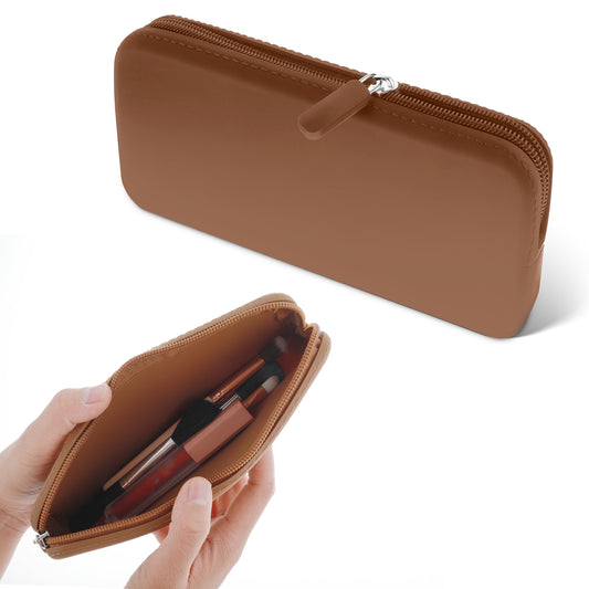HJZHII Silicone Makeup Brush Holder, Travel Makeup Bag Portable Cosmetic Brushes Organizer with Zipper Closure Makeup Brush Pouch Anti Fall Out Makeup Tools Case for Travel Home Office(Brown)