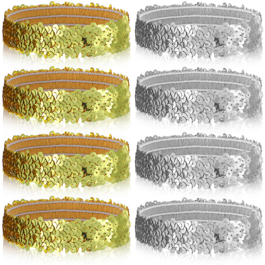 MBAIYO 8Pcs Silver Gold Sequins Headband for Women, 80s 90s Vintage Disco Headband Ball Glitter Sparkle Hair Accessories for Party Club Concert Dance