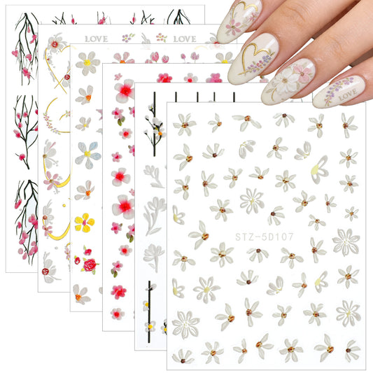 HJZHII 6Pcs 3D Embossed Flower Nail Art Stickers Decals, 5D Self-Adhesive Embossed Stickers Spring Summer Floral Nail Supplies DIY Nails Art Decoration Nails Design