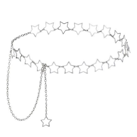 BOHUIZ Metal Star Waist Chain for Women, Silver Women's Chain Belt Adjustable Body Chains with Long Tassel Trendy Western Belly Chains Belt for Women Girls Dresses Skirts Jeans