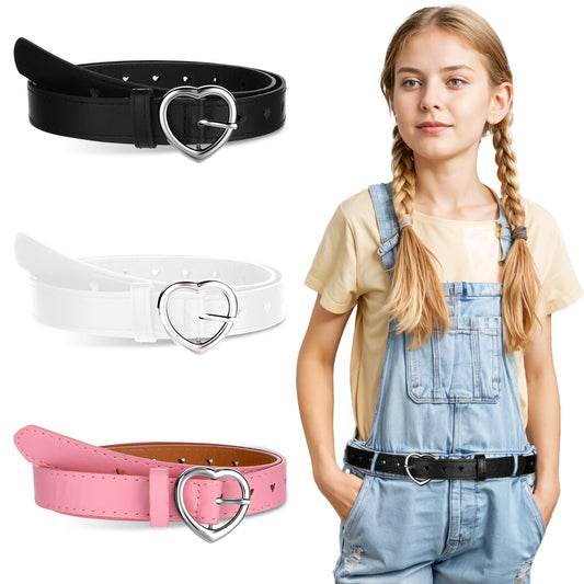 BOHUIZ 3Pcs Girls Belt Cute Heart Shape With Metal Buckle PU Leather Stretch Adjustable Waist Belt for Girl Dress Pants Jeans(Pink, Black, White)