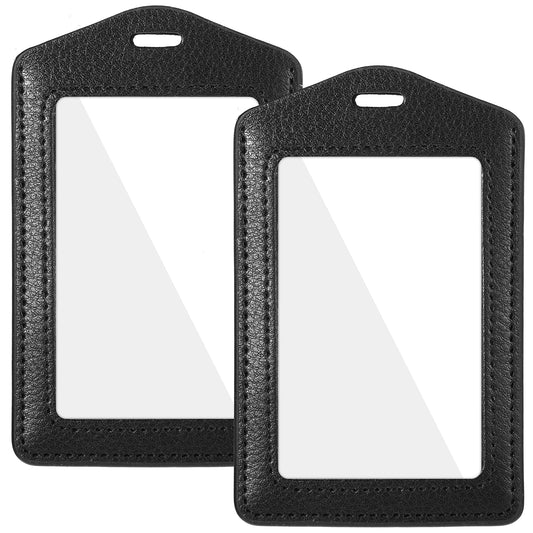 JIEYAO 2 Pcs Genuine Leather ID Badge Holder, Vertical ID Card Holders with Double-Side Clear Window, Waterproof Credit Card Protector Name Tag Holders for Teacher Nurse School Supplies(Vertical)