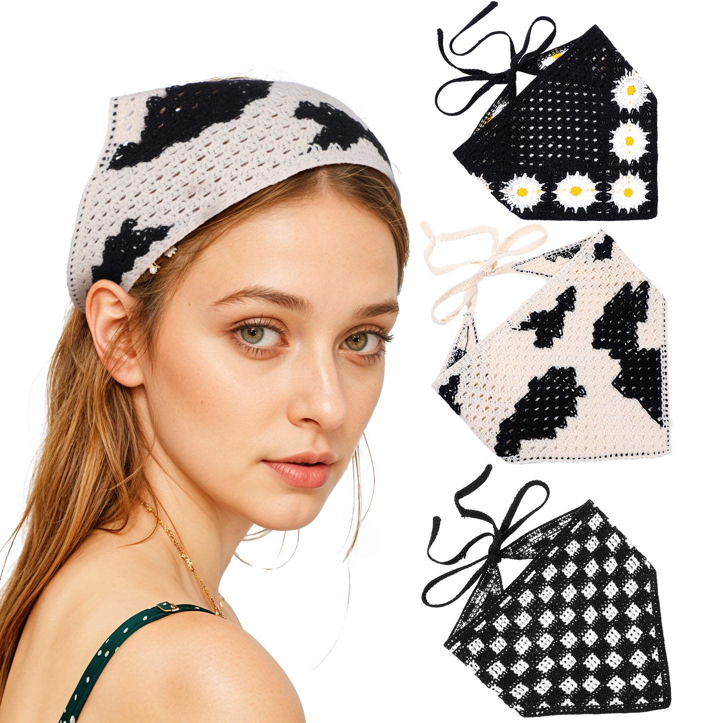 Yuanchu 3 Pcs Crochet Bandanas, Crochet Head Scarf Hair Bandanas Knit Bandana Headband Scarf Tie-Back Head Coverings Floral Headscarf Head Kerchief Styling Decor