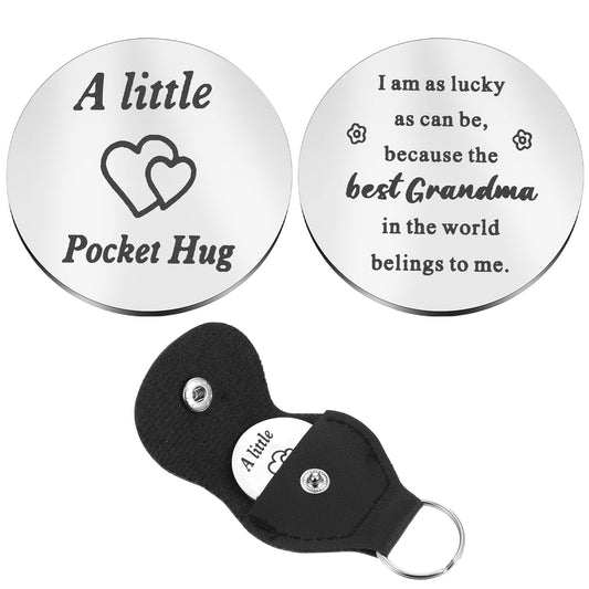 HJZHII Pocket Hug Token for Family, 2 Sided Lucky Pocket Hug Token Gift Family Memorial Coin with Leather Keychain (Grandma)
