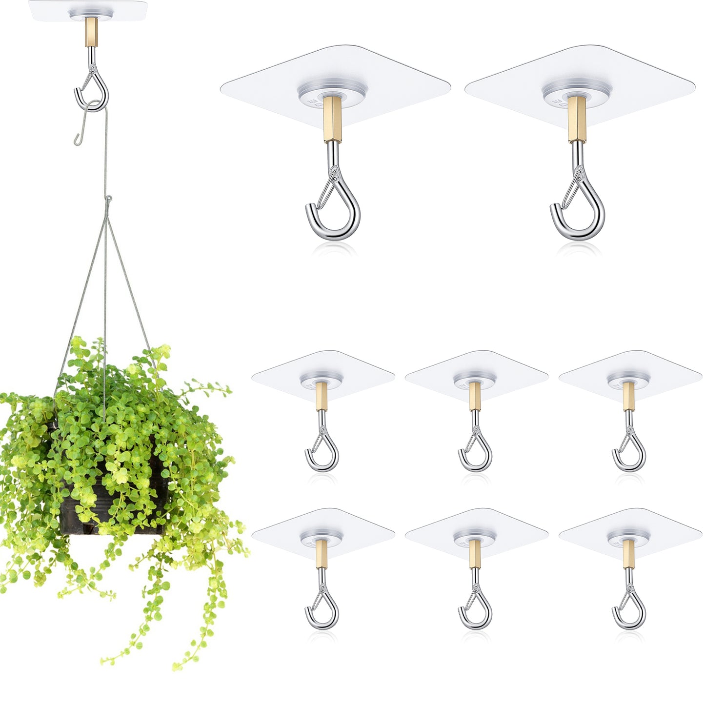 TIESOME Adhesive Ceiling Hooks, 8 Pack 30lbs Heavy Duty No Drill Sticky Hangers for Hanging Plants, Lights, Wind Chimes, Lanterns, Silver and Gold