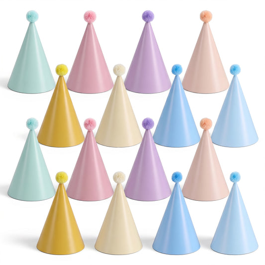 Amabro 16 Pcs Party Hats Birthday Cone Hats with Pom Poms Colorful DIY Paper Hat for Adults Pastel Themed Fun Party Photo Props Baby Shower Celebration Decorations