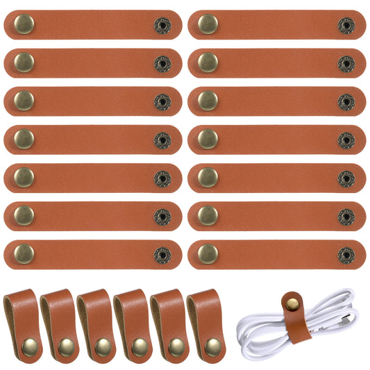 JJUNW 20Pcs Leather Cord Organizer, Cable Clips Leather, Brown Strap Charging Cables Multipurpose Leather-Wire Cable Ties for Charging Cord Power Cords (7cm)(7cm)