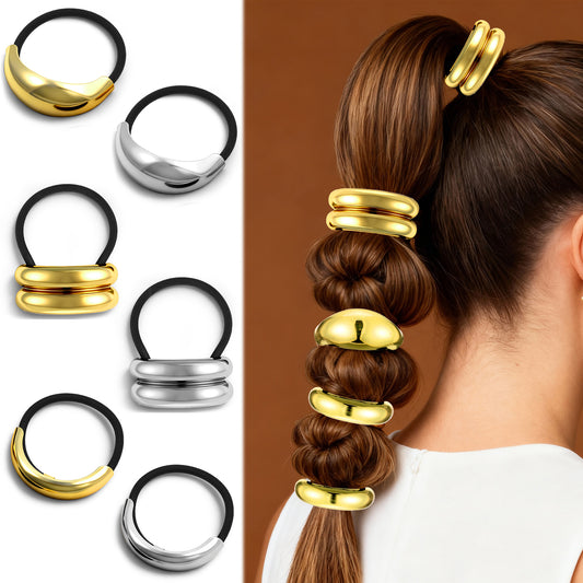 LXUEJIE 6 PCS Metal Hair Tie For Women, Metal Ponytails Hair Cuffs Gold & Silver Ties, Hairs Ties for Women, Geometric Elastic Fashion Glossy Arch Accessories for Both Thick and Thin Hairs