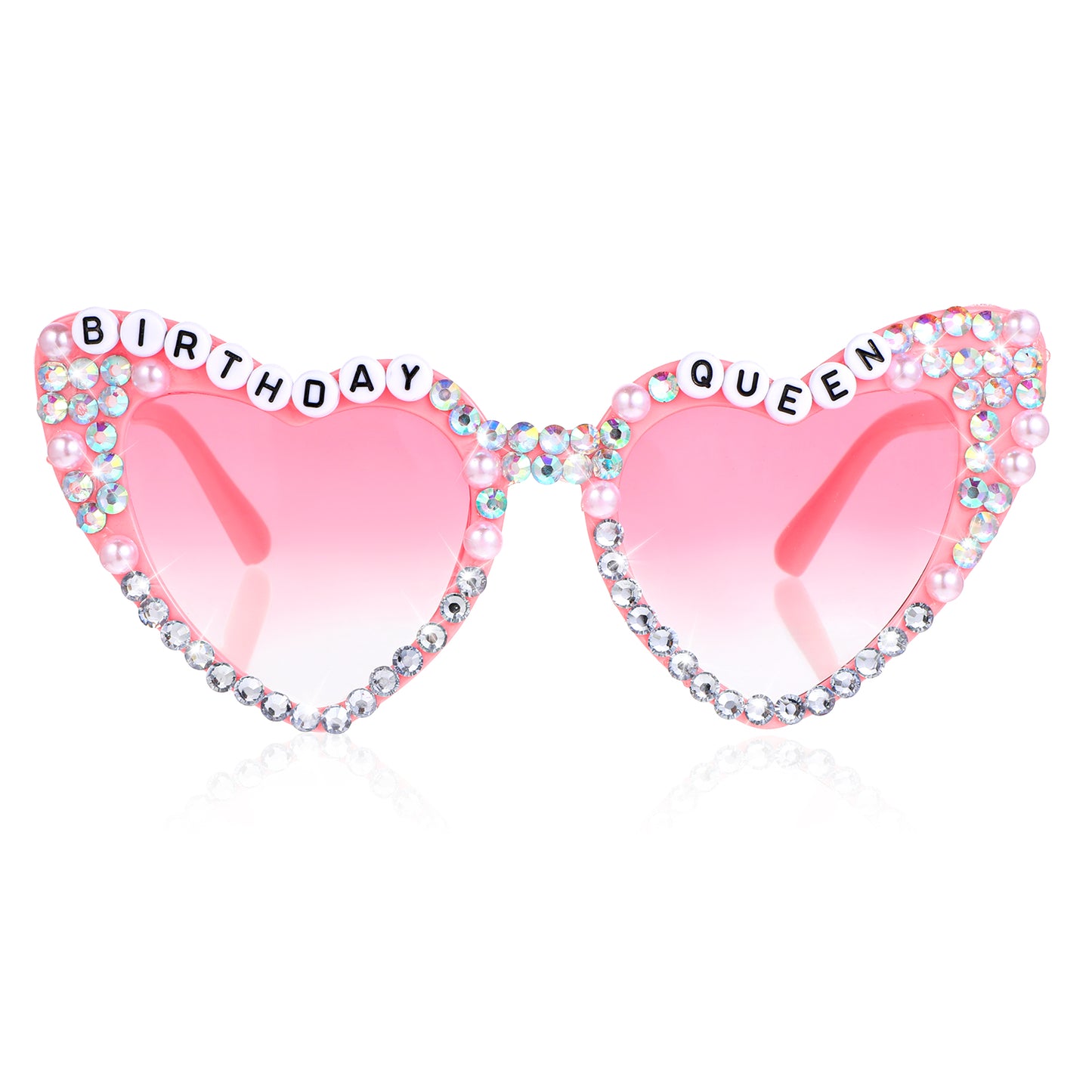 JIYIN Birthday Queen Sunglasses, Pink Heart Birthday Pearl Glasses for Women, Shiny Rhinestone Heart Shaped Sun Glasses for Birth Day Party Favors Birth Day Decorations