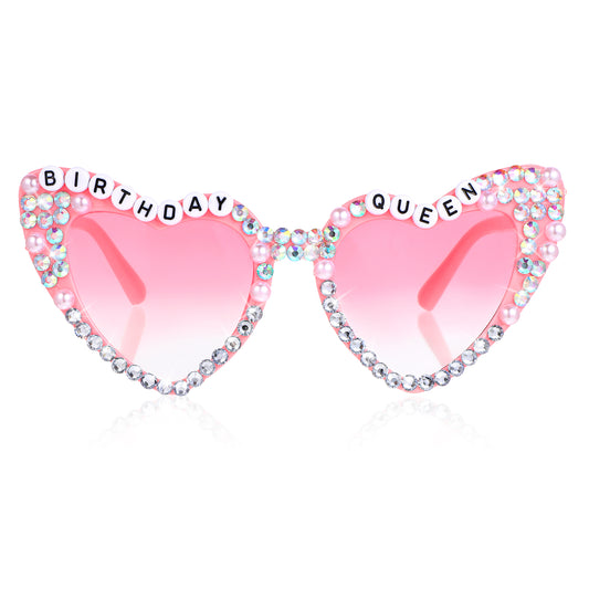 JIYIN Birthday Queen Sunglasses, Pink Heart Birthday Pearl Glasses for Women, Shiny Rhinestone Heart Shaped Sun Glasses for Birth Day Party Favors Birth Day Decorations