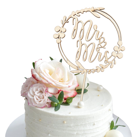 JIYIN Mr & Mrs Cake Topper, Wooden Wreath Wedding Cake Toppers Bride and Groom Engagement Party Anniversary Bridal Shower Cake Toppers Decorations Supplies