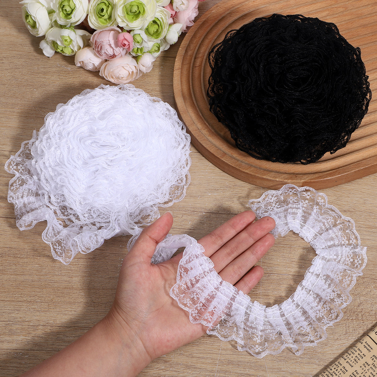 LXUEJIE 10Yard Double Layer Ruffle Trim, 1.8" Vintage Lace Ribbon for Craft