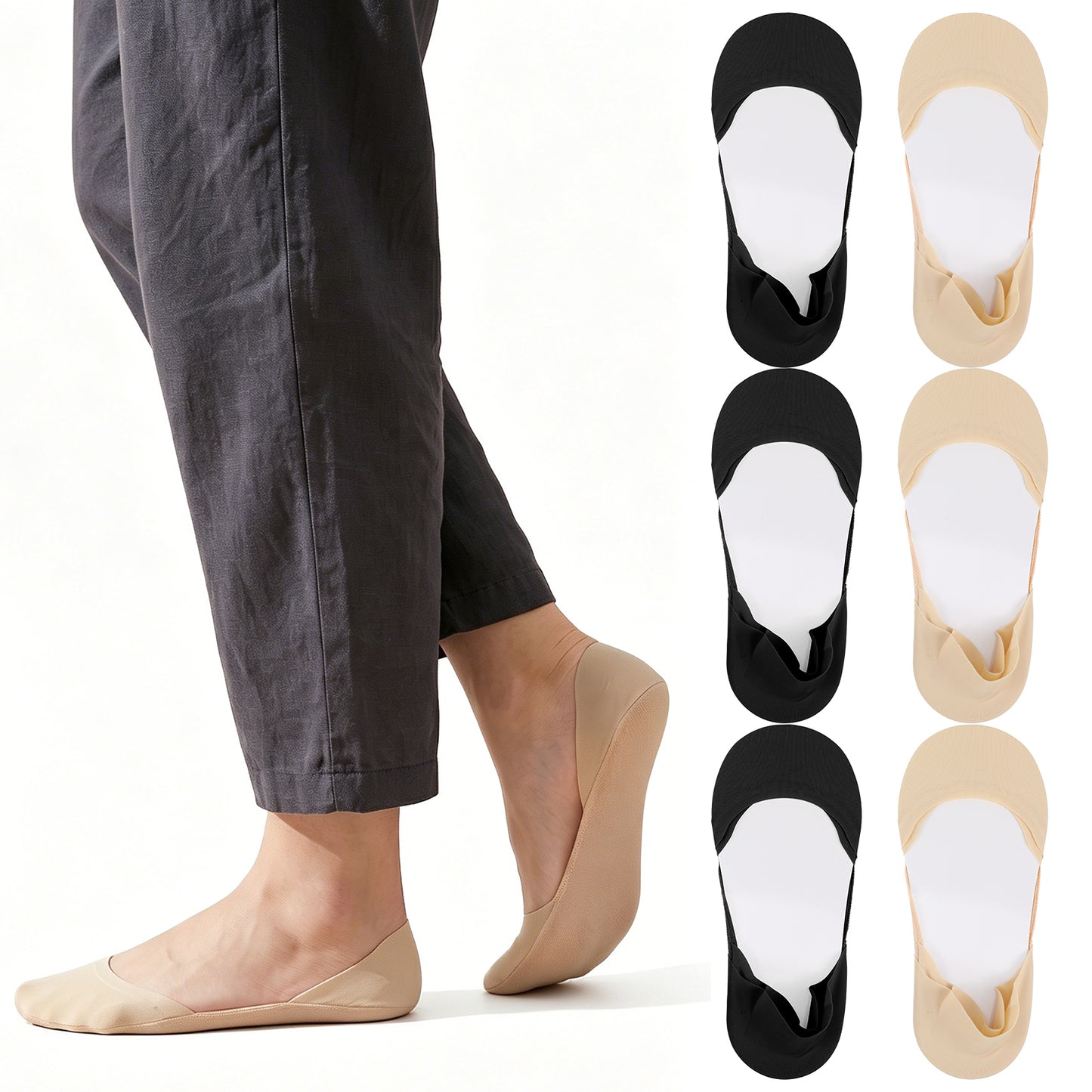 Amaxiu 6 Pairs No Show Socks for Flats Heel, Women Invisible Ballet Sock Ultra Low Cut Invisible Liner Socks Non-Slip Cotton Nylon Blend for Ballet Flats Loafers Pumps Size 4-10