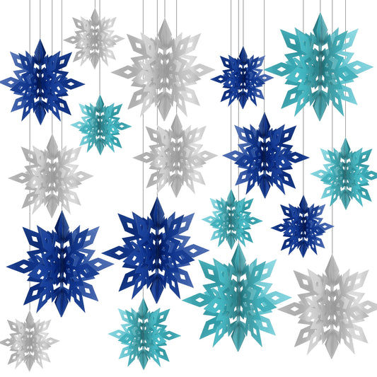 Christmas Hanging Snowflakes Decorations, 18pcs 3D Iridescent Paper Snowflakes Glittery Large Snow Flakes Garland for Winter Wonderland Frozen Christmas Birthday Party Decorations