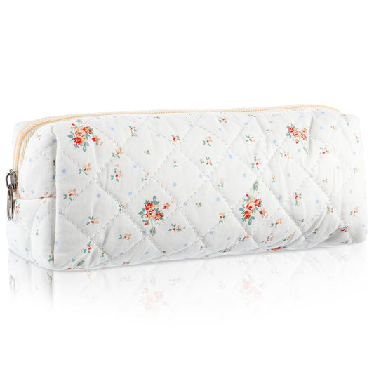 HJZHII Cute Pencil Case, Aesthetic Flowers Pencil Pouch, Portable Pen Bag Wide Opening, Soft Quilted Pencil Pouch Organizer with Zipper for Office College Storage Makeup Pouch