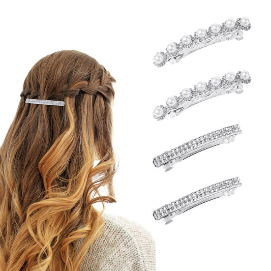 JJUNW 4Pcs Rhinestone Bling Hair Clip, Pearl Silver Bling Hair Accessories, Sparkly Rhinestone Hair Barrettes for Wedding Crystal Hair Jewelry for Women Girls Prom