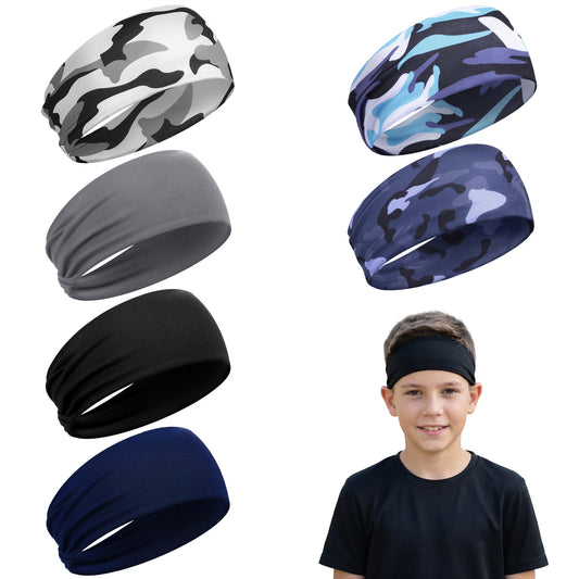Amaxiu 6Pcs Kids Boys Sports Headbands, Breathable Boys Athletic Sweatbands Non-slip Elastic Headband Moisture Multi-Color Wicking Sweat Band for Basketball Baseball Football