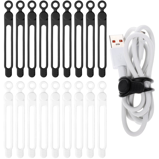 JJUNW 18Pcs Silicone Cable Ties, Reusable Cable Ties Wire Organizer, Multipurpose Elastic Cord Organizer for Bundling Earphone, Phone Charger, Computer Cords(Black+White)
