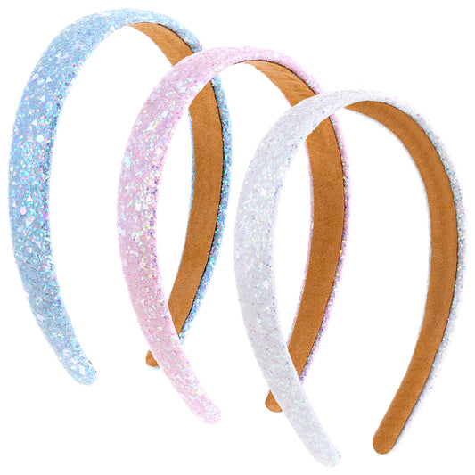 Jeffdad 3Pcs Glitter Sequins Sparkly Hard Headbands, Fashion Wide Padded Hair Bands for Women Girls Prom Wedding Sparkly Hair Bling Birthday Hair Accessories
