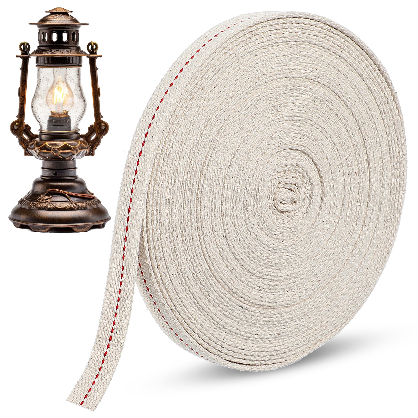 Yuanchu 32.8 Ft Oil Lamp Wicks, 0.5in Cotton Replacement Wick for Oil Lamp Flat Braided Candle Wicks with Red Stitch for Paraffin Oil Kerosene Based Lanterns