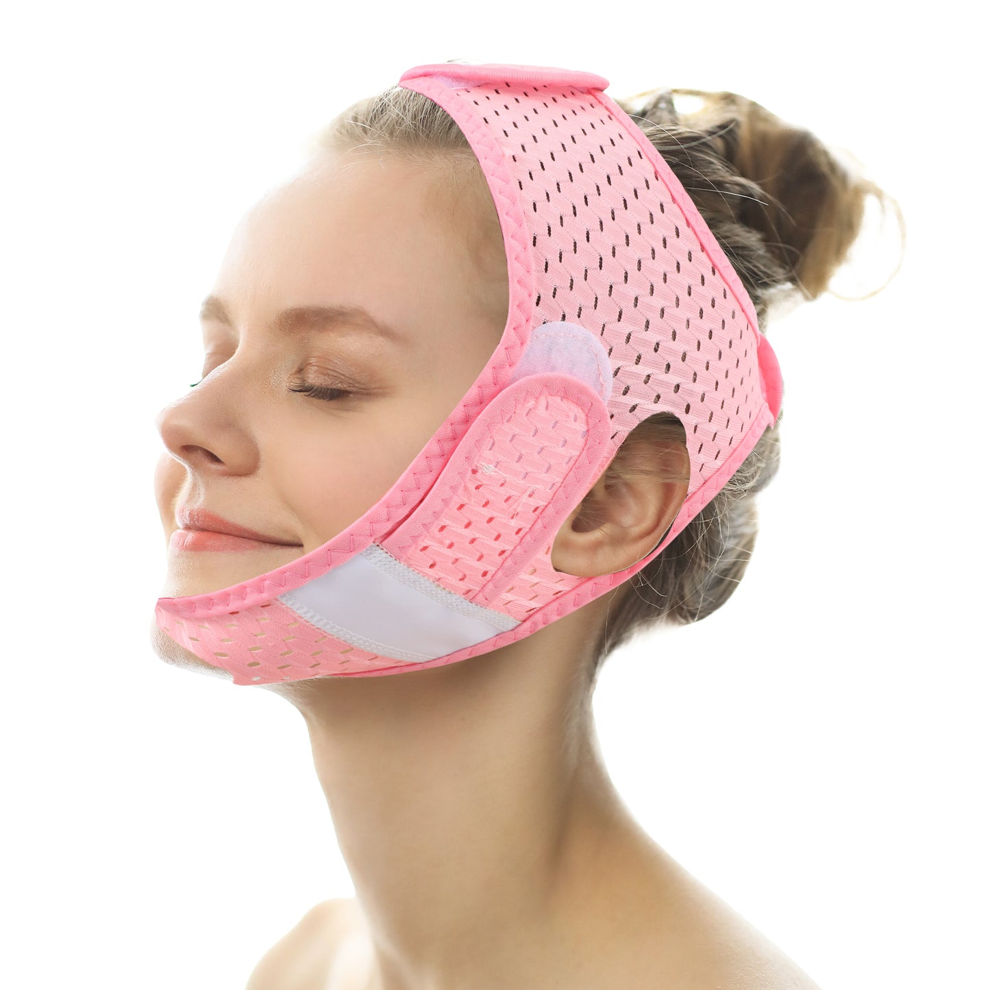 TIESOME Reusable V Line Lifting Mask, Pink Chin Up Mask V Shaped Polyester Double Chin Reducer Breathable Chin Up Patch Comfortable Beauty Device Face Slimming Chin Strap for Women and Men