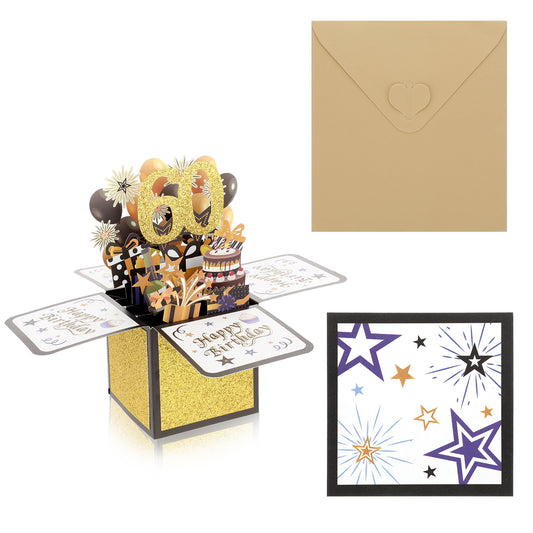 LIQWEI 60th Birthday Card, 3D Cake Pop Up Greeting Card with Note and Envelope Funny Happy 60 Black Gold Birthday Card Gifts for Wife Husband,Dad, Mom