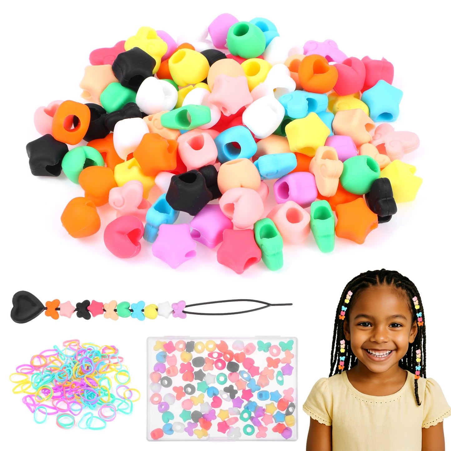 YUXMU 90 Pcs Silicone Hair Beads for Kids Girls Braids, 5mm Soft Colorful Pony Beads Butterfly Heart and Star Hair Accessories Kit with Rubber Band and Quick Beader for Kids Girls Women Braids