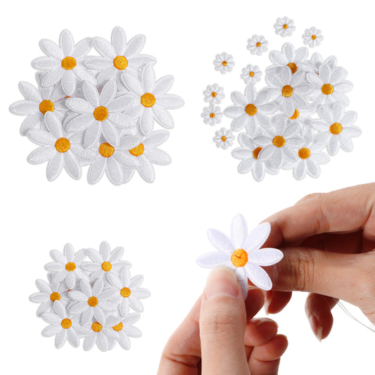 MBAIYO 40Pcs 4 Sizes Daisy Flower Iron On Patches, Cute Embroidery Applique Patch Daisy Sewing Decorative Applique with for Sew on DIY Decoration Clothes Hats Bags Clothing Bags Hats Jeans Women