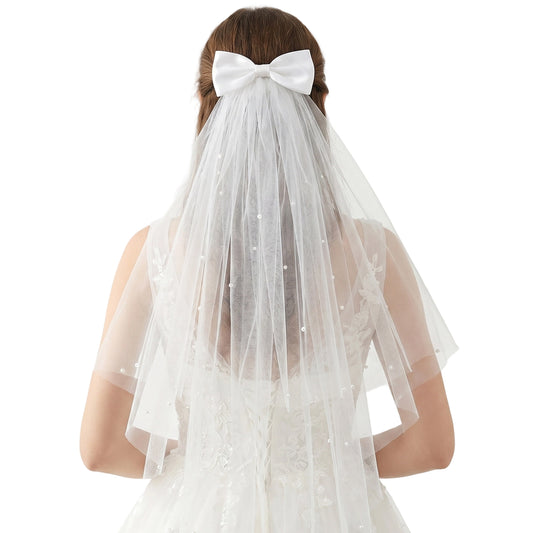 HJZHII Bridal Hair Bow Veil, Elegant Tulle Bride Veil White Bridal Short Veils with Clip Pearl Wedding Hair Piece Bachelorette Party Accessories Tulle Wedding Veils for Women