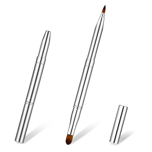HJZHII 2 Pack Retractable Lip Brush, Double-Ended Lip Makeup Brushes Lip Liner Brush with Cap for Lipstick Lip Gloss Eyeshadow (Silver)