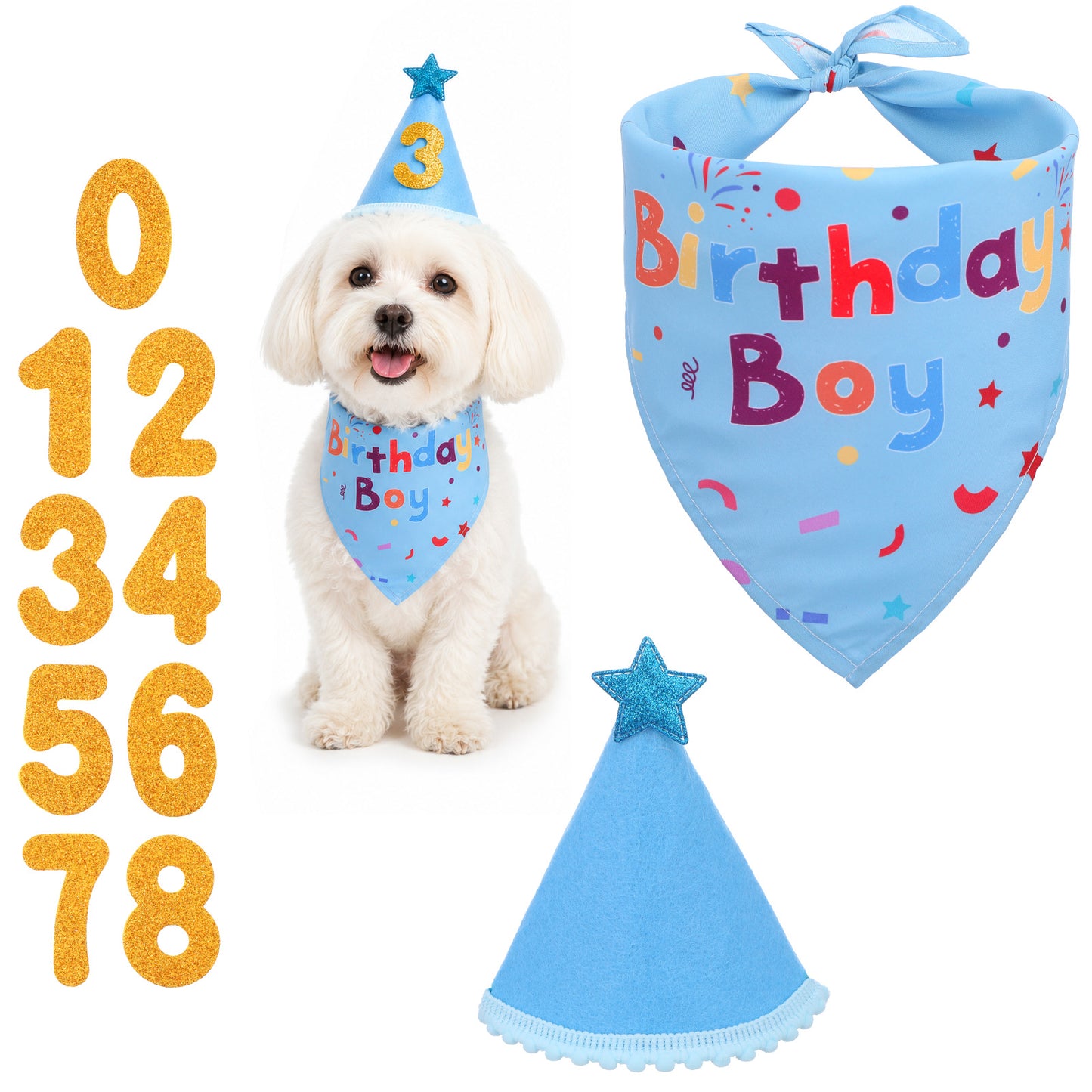 Cobee Dog Birthday Bandana Hat Set, Adjustable Party Hat with Gold Numbers