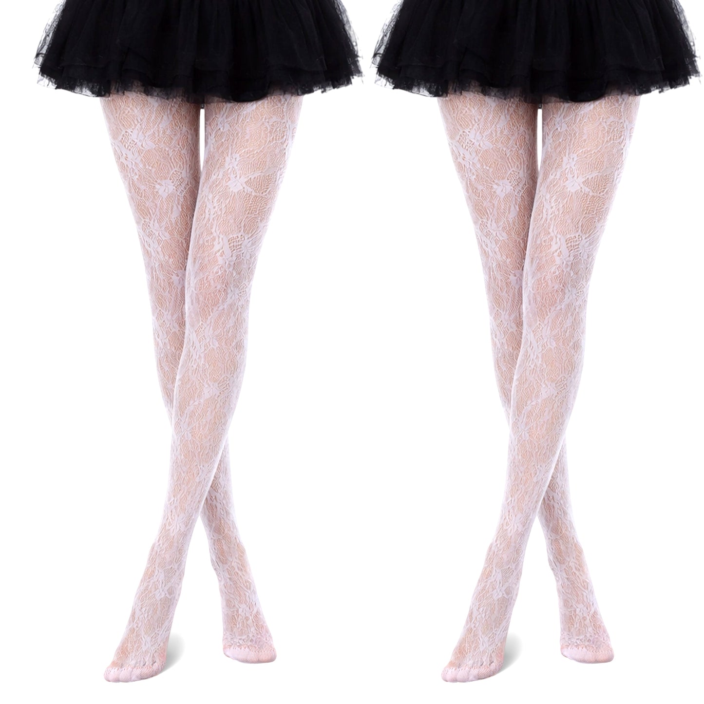 Cobee 2 Pcs Patterned Tights For Women, Lace & Floral Black White Fishnet Fashion Tight, Fishnet Stockings Fish Net Tights Adult Women (White)