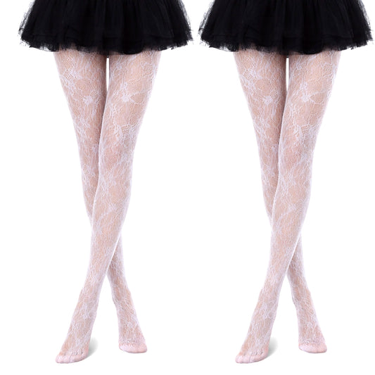 Cobee 2 Pcs Patterned Tights For Women, Lace & Floral Black White Fishnet Fashion Tight, Fishnet Stockings Fish Net Tights Adult Women (White)