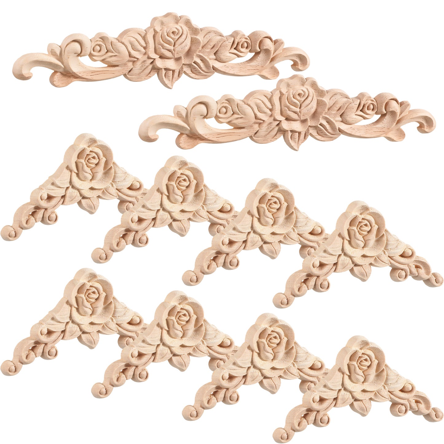 SULIKJHUI 10 PCS Wooden Rose Appliques Onlays Set, Unpainted Wood Carved